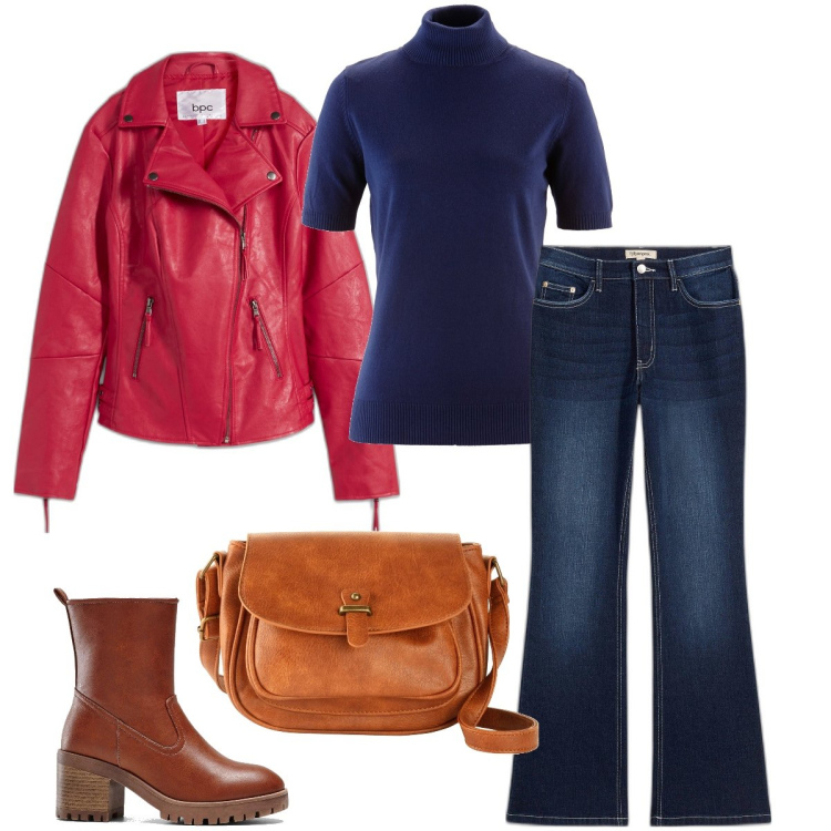 Outfit donna - Il chiodo rosso. Stile Casual per Tutti i giorni. Abbinamento con maglieria, borse a tracolla, stivaletti, blazer, jeans bootcut.