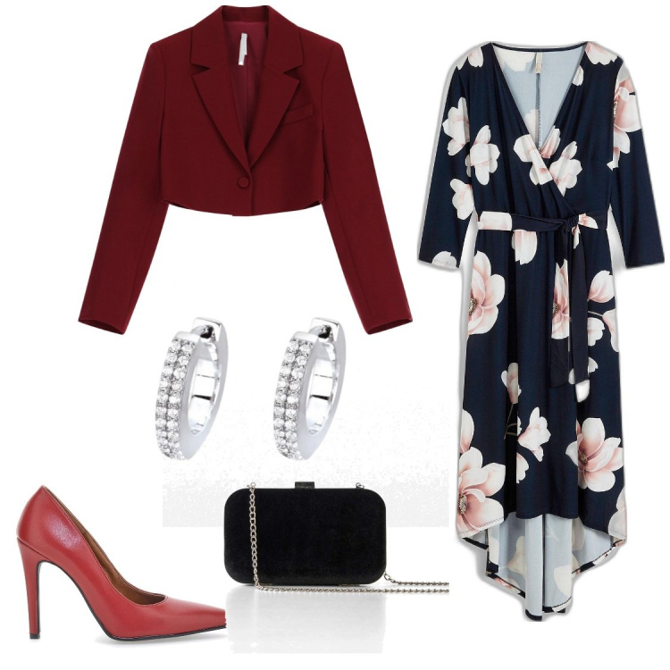 Outfit donna - Magnolie. Stile Chic per Serata fuori. Abbinamento con vestiti lunghi, pochette, orecchini, blazer, décolleté.