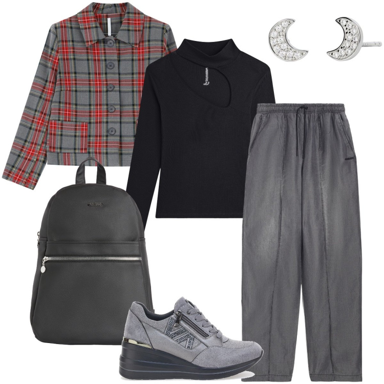 Outfit donna - La giacca di Arlecchino. Stile Casual per Tutti i giorni. Abbinamento con orecchini, blazer, zaini, maglieria, jeans, sneakers.