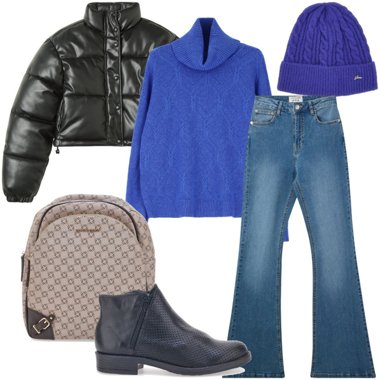 Outfit donna - Al carnevale di Ivrea. Stile Casual chic per Tutti i giorni. Abbinamento con jeans a zampa, blazer, maglieria, stivaletti, zaini, berretti.