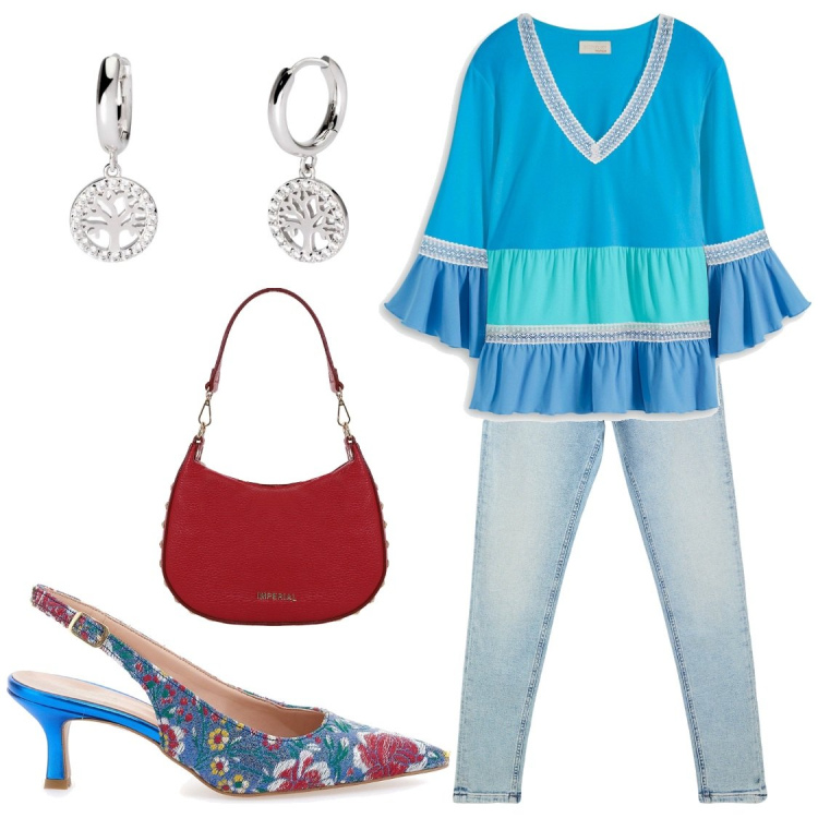 Outfit donna - Gitana in citta. Stile Casual chic per Tutti i giorni. Abbinamento con maglieria, jeans skinny, orecchini, borse a spalla, décolleté.