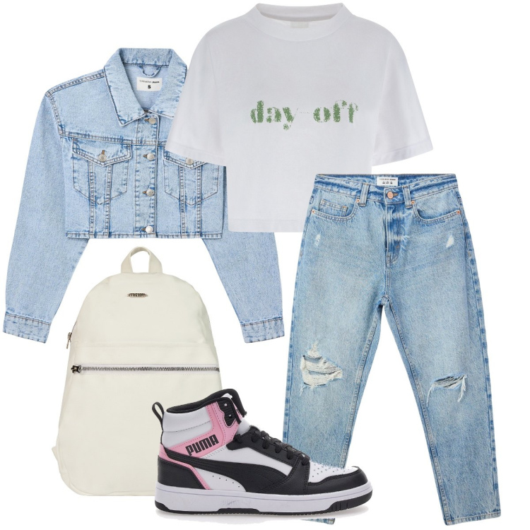 Outfit donna - Voglia di denim. Stile Basic per Scuola/Università. Abbinamento con jeans mom, blazer, zaini, t-shirt, sneakers.