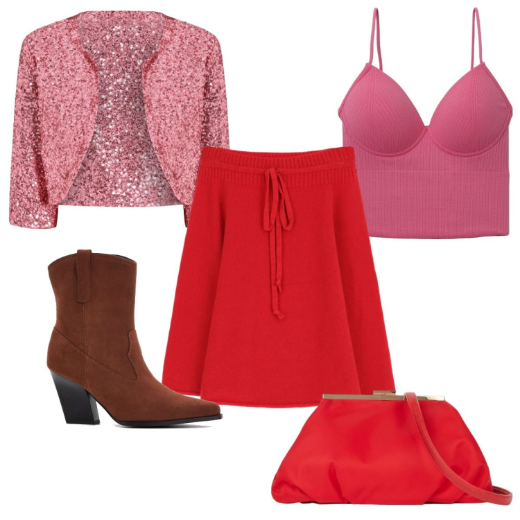 Outfit donna - Bantoa in love : stasera da me. Stile Glamour per Serata fuori. Abbinamento con stivaletti texani, top, blazer, minigonne, pochette.