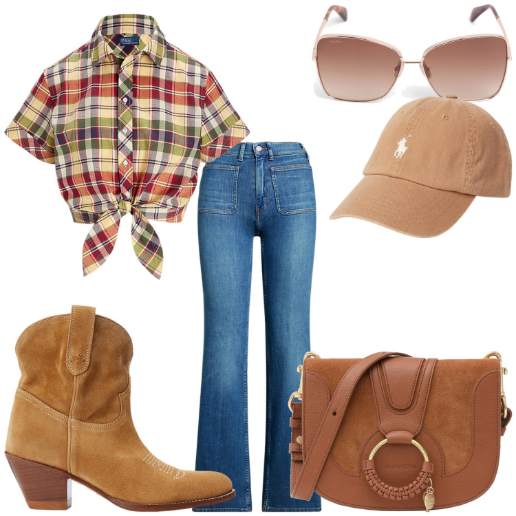 Outfit donna - Country. Stile Casual per Tutti i giorni. Abbinamento con borse a tracolla, stivaletti, jeans bootcut, camicie, cappelli, occhiali da sole.