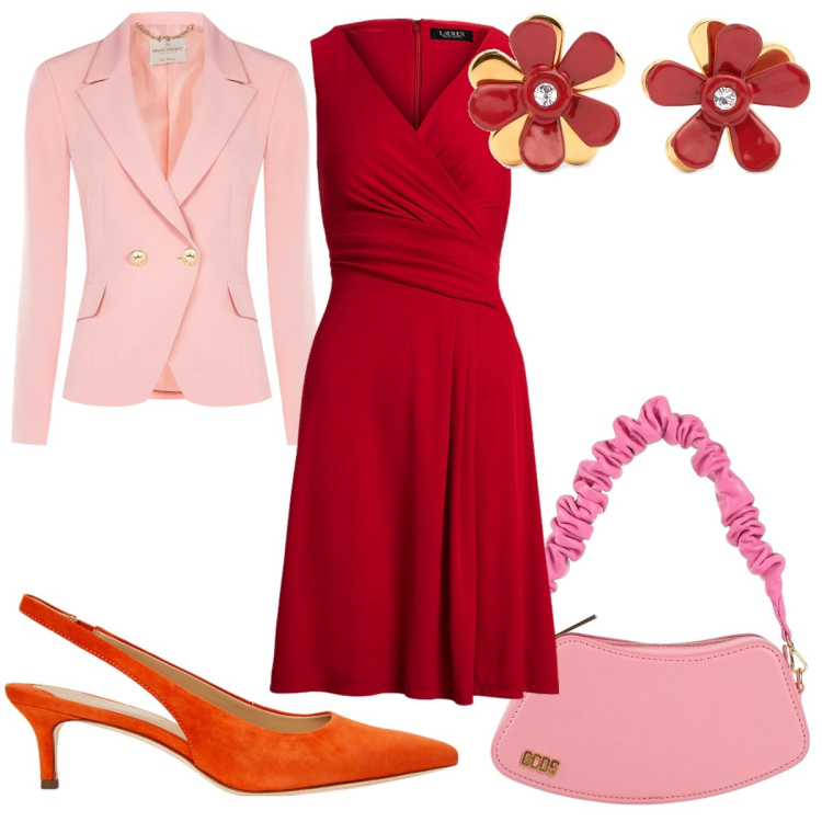 Outfit donna - Bantoa in love: cena di San Valentino. Stile Trendy per Serata fuori. Abbinamento con borse a mano, blazer, vestiti, décolleté, orecchini.