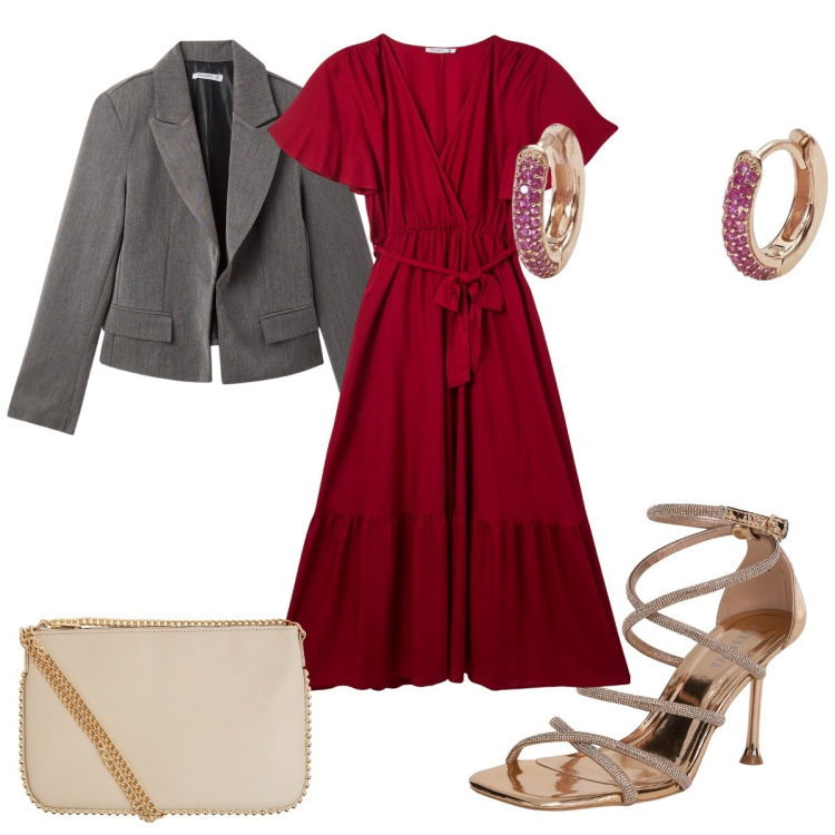 Outfit donna - Terranova San Valentino: il vestito ross. Stile Glamour per Serata fuori. Abbinamento con blazer, vestiti lunghi, sandali col tacco, borse a tracolla, orecchini.