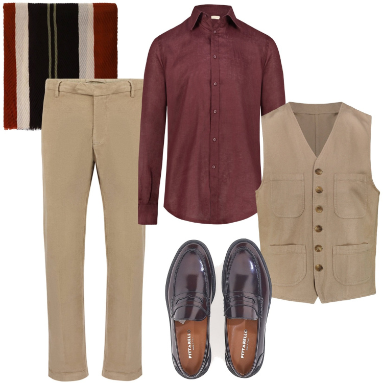 Outfit uomo - Il gilet con taschini. Stile Casual per Ufficio. Abbinamento con sciarpe e foulard, scarpe stringate, gilet, camicie, pantaloni.