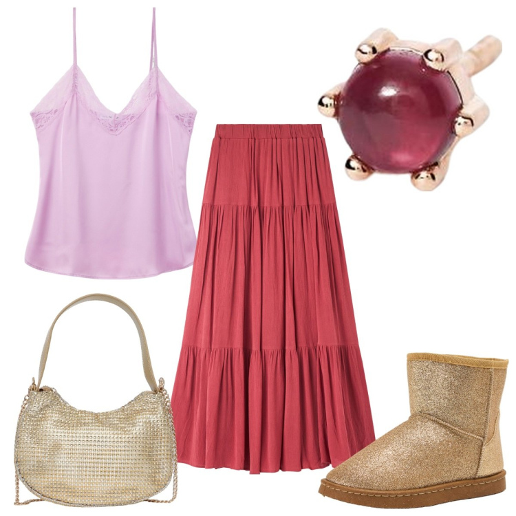 Outfit donna - Terranova San Valentino: boho. Stile Boho per Serata fuori. Abbinamento con top, stivali, gonne lunghe, borse a spalla, orecchini.