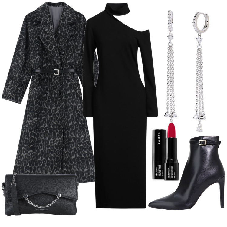 Outfit donna - Un bacio rosso. Stile Chic per Serata fuori. Abbinamento con vestiti midi/longuette, borse a tracolla, rossetti, orecchini, cappotti, stivaletti.