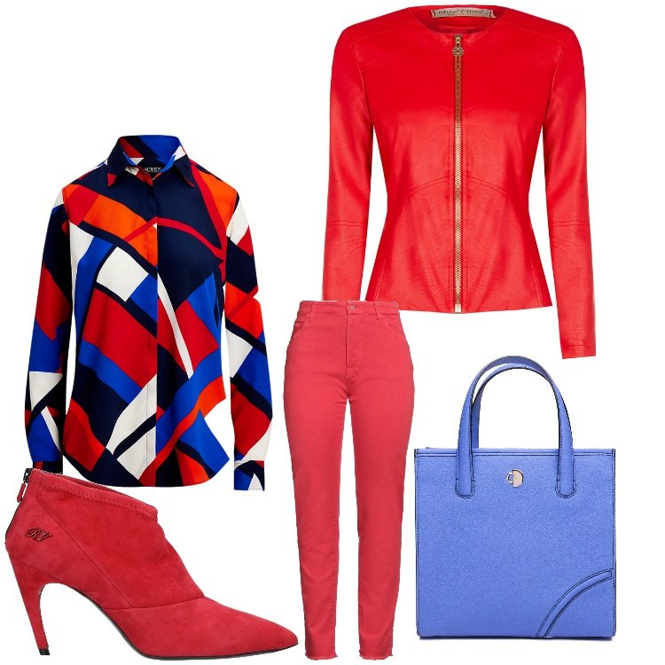 Outfit donna - Carnevale alla Mondrian. Stile Chic per Serata fuori. Abbinamento con pantaloni, stivaletti, giacche, camicie, shopping bag.