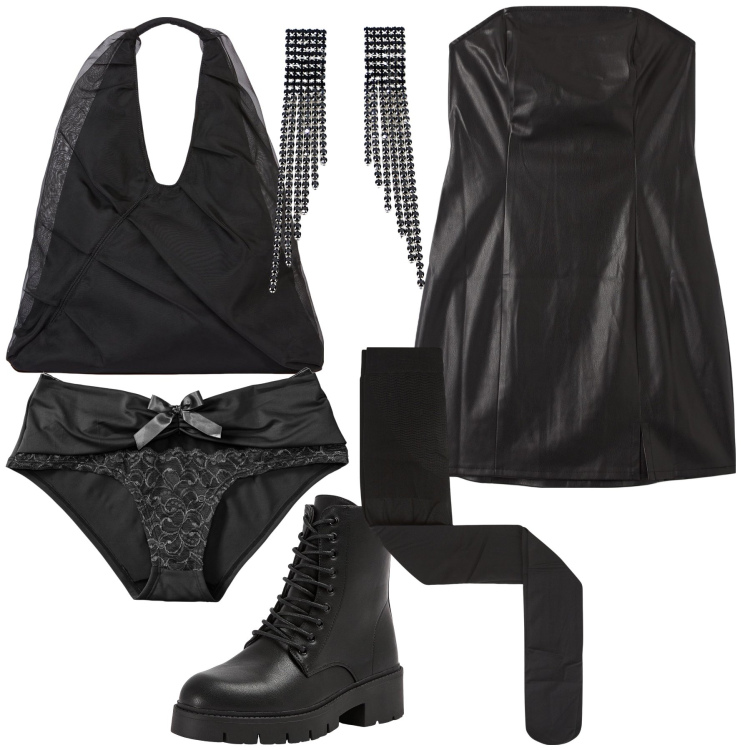 Outfit donna - Rock in tono glamour e scontato. Stile Rock per Serata fuori. Abbinamento con slip, collant, vestiti midi/longuette, anfibi, orecchini, shopping bag.