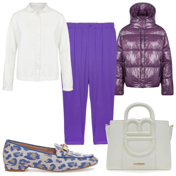 Outfit donna - Il mio carnevale in viola. Stile Trendy per Tutti i giorni. Abbinamento con blazer, mocassini, borse a tracolla, pantaloni, camicie.