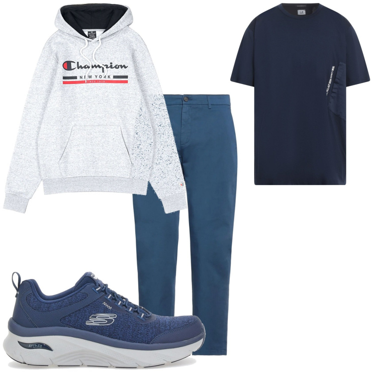 Outfit uomo - Sportivo. Stile Casual per Tutti i giorni. Abbinamento con pantaloni, t-shirt, felpe con cappuccio, sneakers.