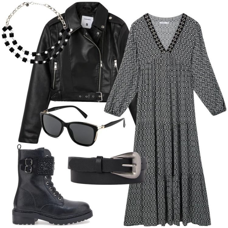 Outfit donna - Stile boho biker. Stile Boho per Tutti i giorni. Abbinamento con occhiali da sole, vestiti lunghi, giacche, collane, anfibi, cinture.