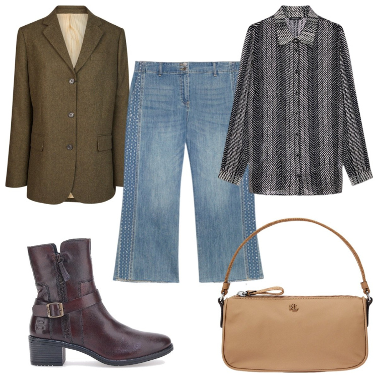 Outfit donna - Una giacca vintage. Stile Vintage retrò per Tutti i giorni. Abbinamento con pochette, jeans strappati, stivaletti texani, blazer, camicie.