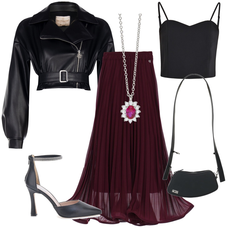 Outfit donna - Fluttuante di sera. Stile Glamour per Serata fuori. Abbinamento con borse a spalla, collane, top, giacche, gonne lunghe, décolleté.