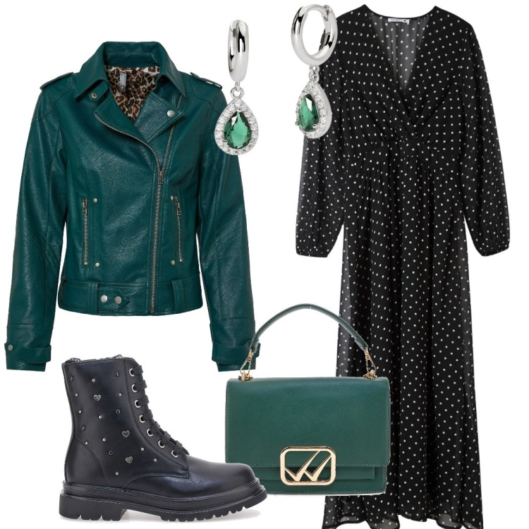 Outfit donna - La giacca biker verde. Stile Urban per Serata fuori. Abbinamento con blazer, vestiti lunghi, orecchini, anfibi, borse a tracolla.