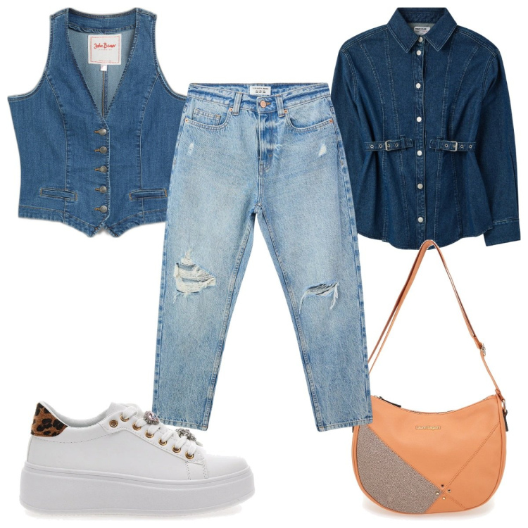 Outfit donna - Total denim : il gilet. Stile Trendy per Tutti i giorni. Abbinamento con gilet, jeans mom, camicie, borse a tracolla, sneakers.