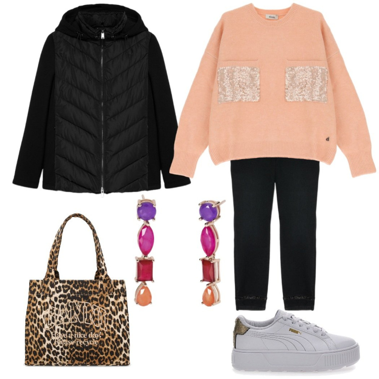 Outfit donna - La borsa animalier. Stile Casual per Tutti i giorni. look ideale per Petite. Abbinamento con orecchini, pullovers, sneakers, shopping bag, jeans skinny, piumini.