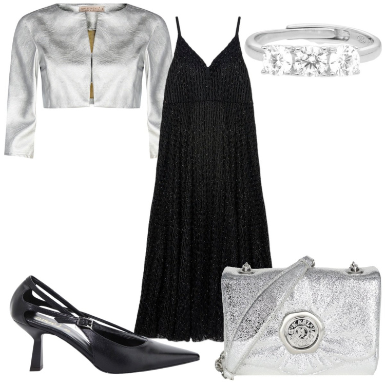 Outfit donna - Dettagli metallici glamour. Stile Glamour per Serata fuori. Abbinamento con borse a tracolla, anelli, bolero, décolleté, vestiti lunghi.