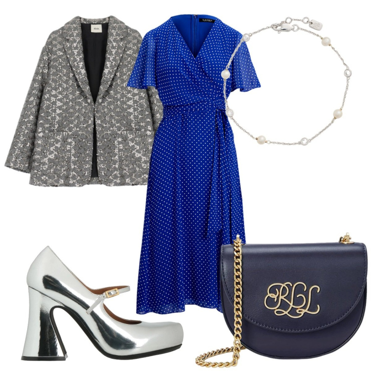 Outfit donna - Dettagli metallici : il blazer scintilla. Stile Trendy per Serata fuori. Abbinamento con décolleté, borse a tracolla, vestiti, braccialetti, blazer.