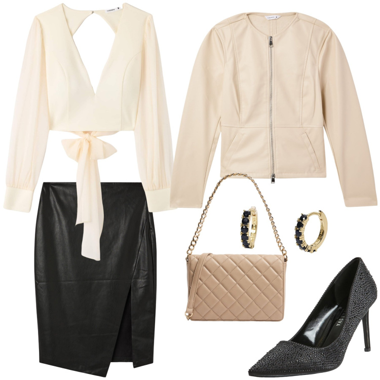 Outfit donna - Nero e beige. Stile Glamour per Serata fuori. Abbinamento con blazer, gonne longuette, bluse, décolleté, borse a tracolla, orecchini.