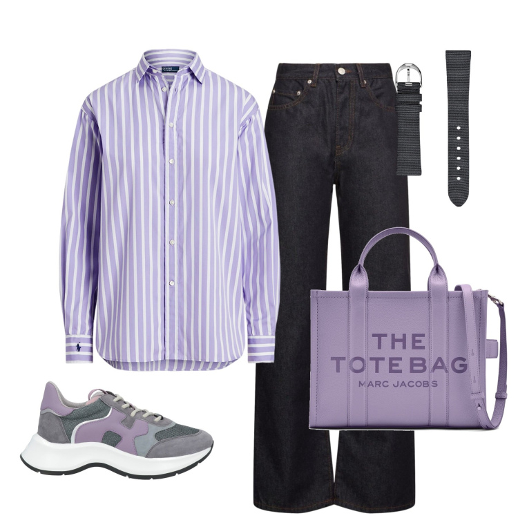 Outfit donna - Camicia a righe per l\'ufficio. Stile Casual per Ufficio. Abbinamento con sneakers, camicie, orologi, jeans dritti, borse tote.