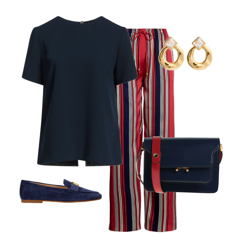 Outfit donna - Rosso e blu. Stile Casual chic per Tutti i giorni. Abbinamento con borse a tracolla, top, mocassini, pantaloni, orecchini.