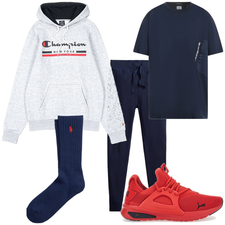 Outfit uomo - Total look #2051444. Stile Casual per Sport. Abbinamento con t-shirt, pantaloni, calzini, sneakers, felpe con cappuccio.