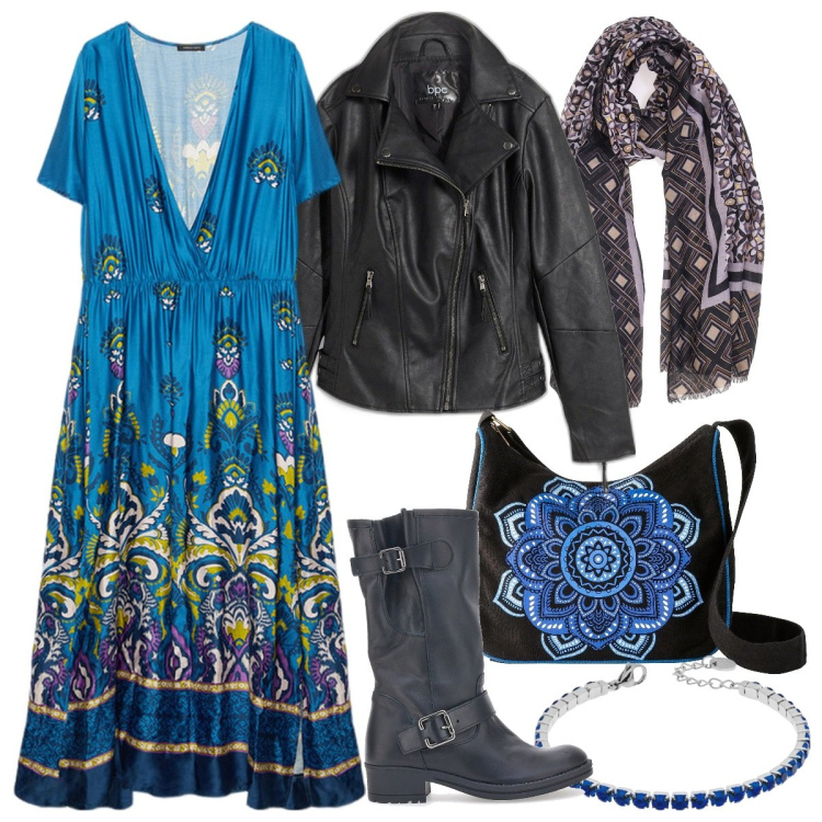Outfit donna - Boho biker. Stile Boho per Tutti i giorni. Abbinamento con blazer, borse a tracolla, braccialetti, stivali, vestiti lunghi, foulard.