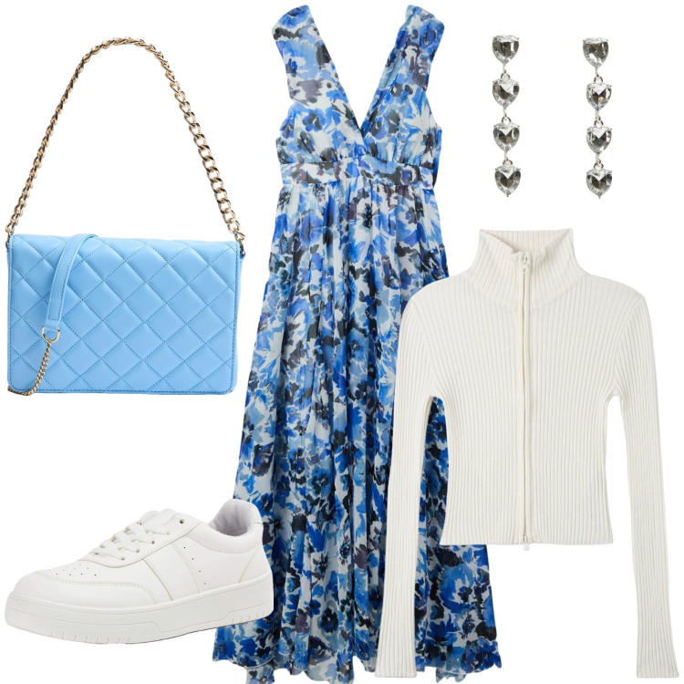 Outfit donna - Terranova - San Valentino. Stile Casual per Serata fuori. Abbinamento con vestiti lunghi, sneakers, maglieria, borse a tracolla, orecchini.
