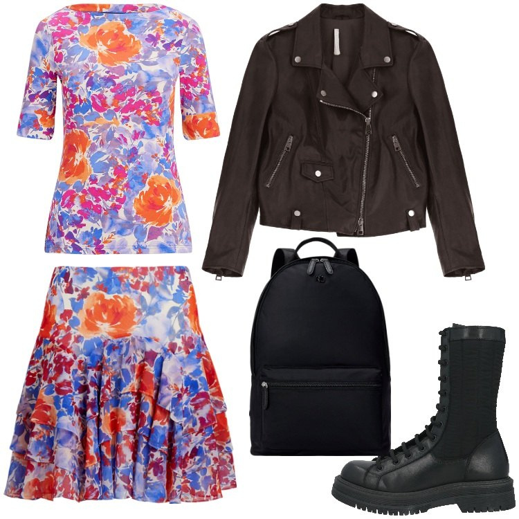 Outfit donna - Biker a fiori. Stile Rock per Serata fuori. Abbinamento con anfibi, giacche, zaini, t-shirt, gonne.