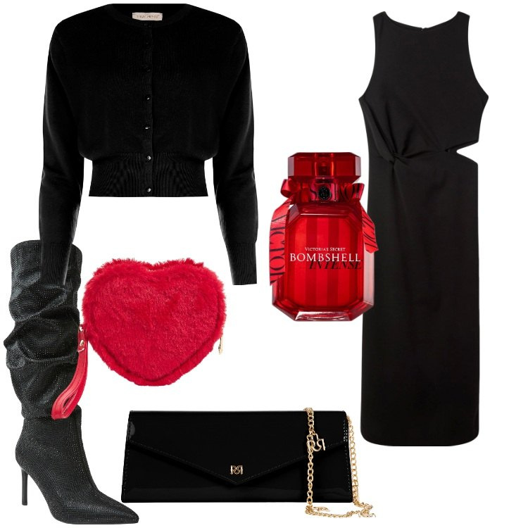 Outfit donna - Bantoa in Love. Stile Sexy per Serata fuori. Abbinamento con profumi, portafogli, vestiti lunghi, stivali, cardigans, pochette.