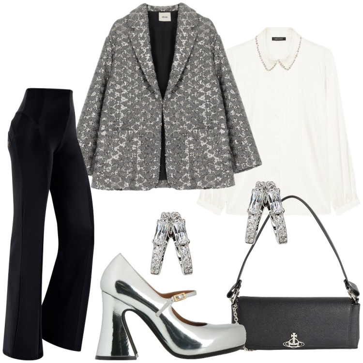Outfit donna - Un outfit per brillare. Stile Glamour per Serata fuori. Abbinamento con décolleté, borse a mano, pantaloni, blazer, orecchini, camicie.