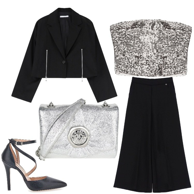 Outfit donna - Stella d´argento. Stile Chic per Serata fuori. Abbinamento con borse a tracolla, pantaloni, top, blazer, décolleté.