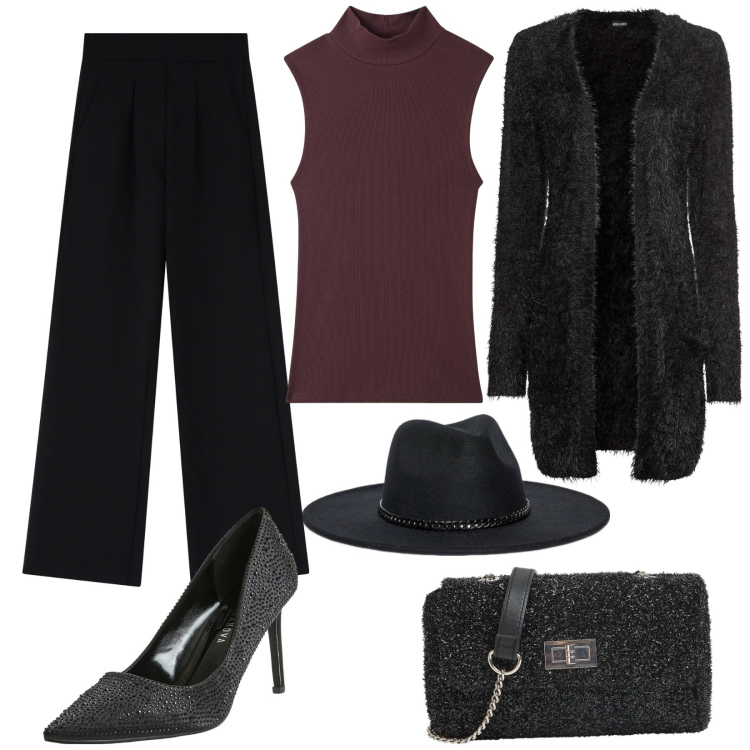 Outfit donna - Bantoa in love. Stile Glamour per Serata fuori. Abbinamento con cardigans, top, borse a tracolla, décolleté, pantaloni, cappelli.