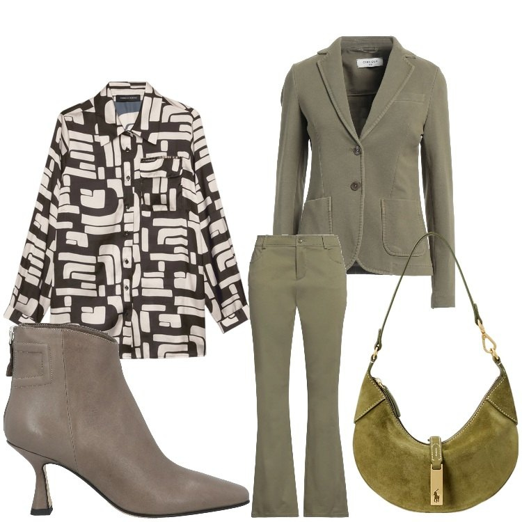 Outfit donna - Geometria anni 70. Stile 70s per Serata fuori. Abbinamento con stivaletti, blazer, pantaloni, borse a spalla, camicie.