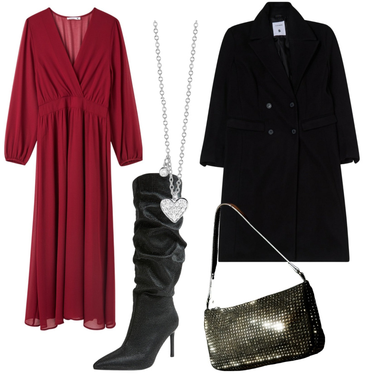Outfit donna - San Valentino con Terranova. Stile Chic per Serata fuori. Abbinamento con vestiti lunghi, borse a spalla, stivali, cappotti, collane.