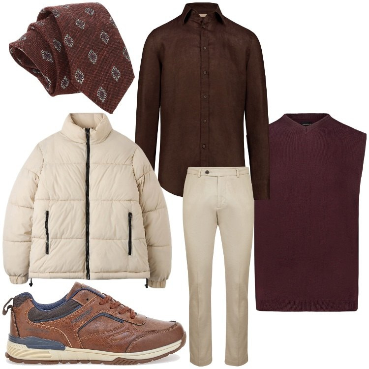 Outfit uomo - Esco con te. Stile Business/Elegante per Serata speciale. Abbinamento con piumini, cravatte, camicie, sneakers, gilet, pantaloni.