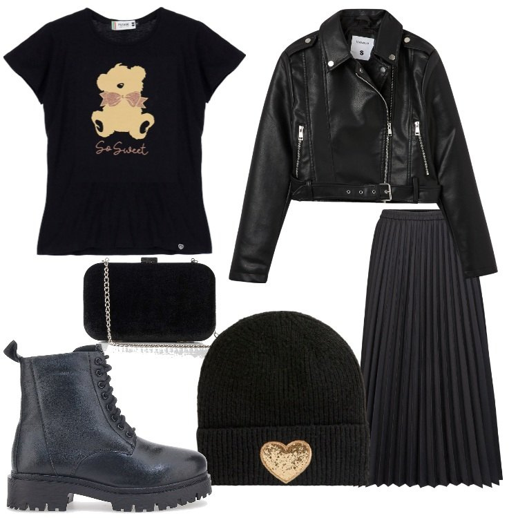Outfit donna - Rock dal cuore tenero. Stile Rock per Serata fuori. Abbinamento con pochette, giacche, berretti, t-shirt, anfibi, gonne longuette.