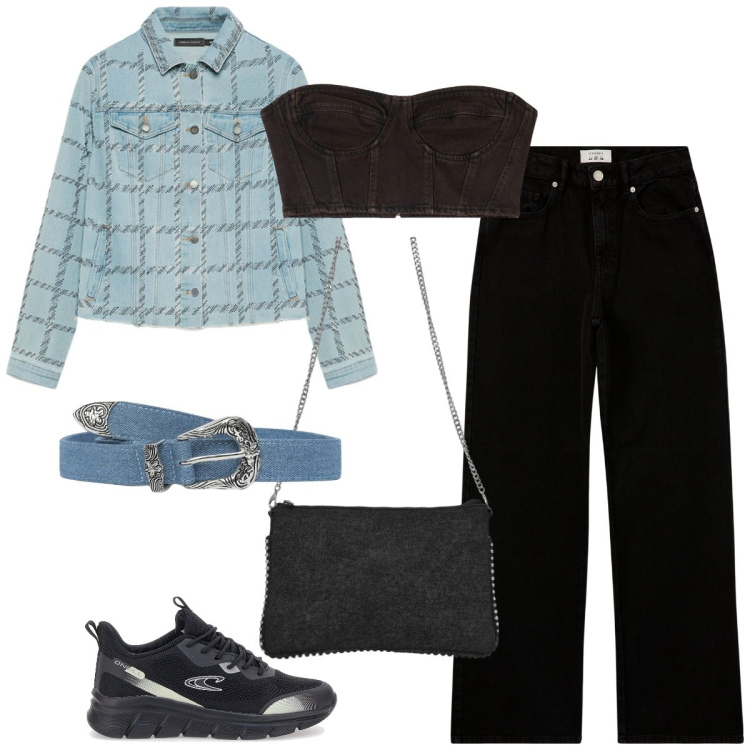 Outfit donna - Total denim. Stile Casual chic per Tutti i giorni. Abbinamento con top, cinture, pantaloni, borse a tracolla, sneakers, blazer.
