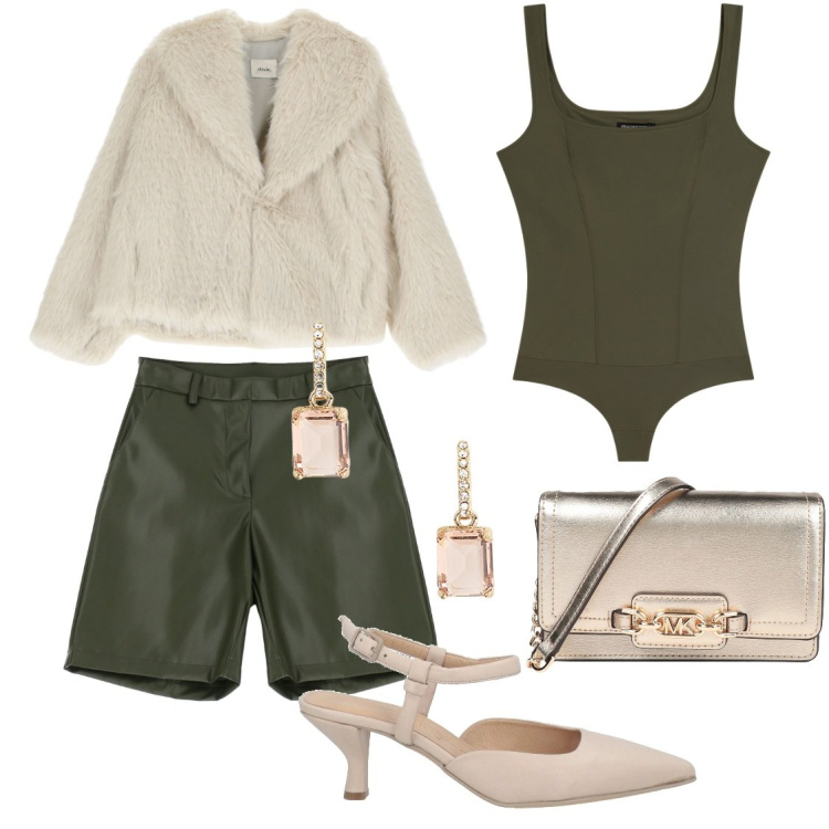 Outfit donna - Sabato sera gambe a vista. Stile Chic per Serata fuori. Abbinamento con borse a mano, décolleté, shorts, body, blazer, orecchini.