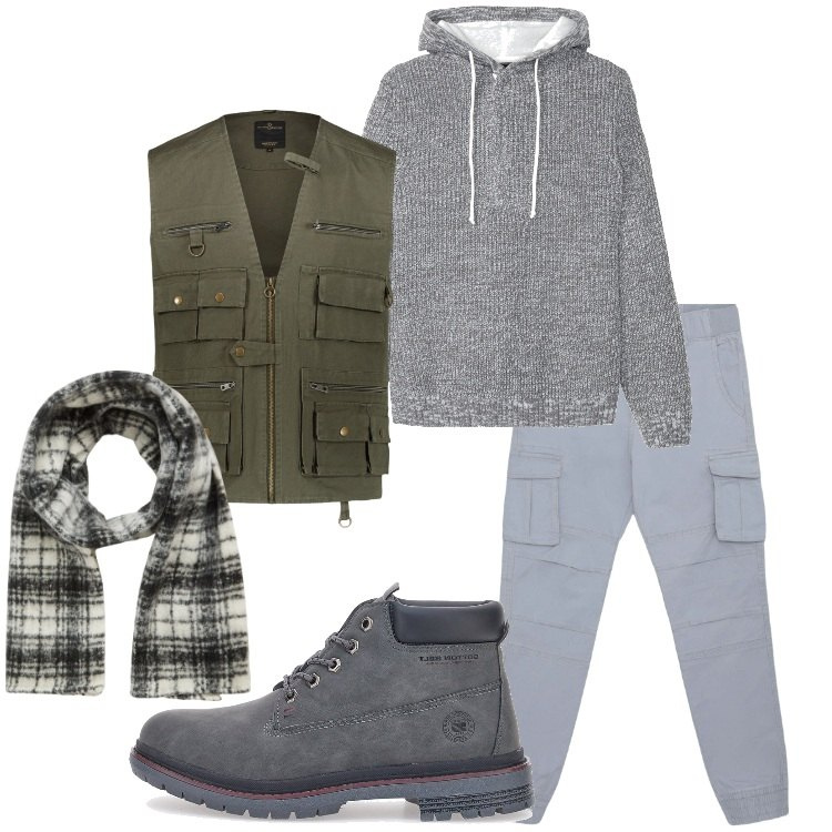 Outfit uomo - Stile utility. Stile Trendy per Tutti i giorni. Abbinamento con maglieria, sciarpe, pantaloni cargo, gilet, stivali e stivaletti.
