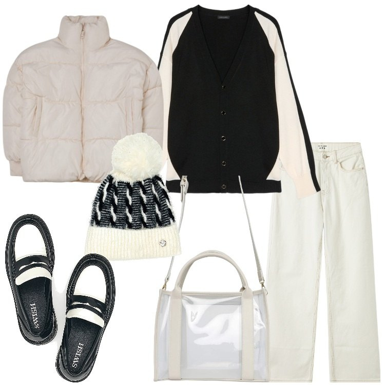 Outfit donna - Bianco e nero. Stile Casual per Serata fuori. Abbinamento con borse tote, jeans, blazer, berretti, cardigans, mocassini.