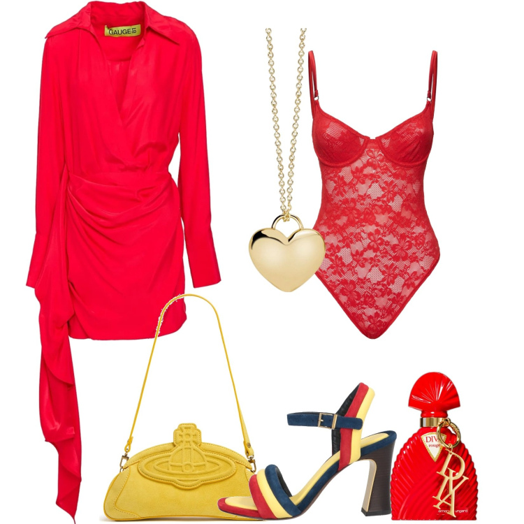 Outfit donna - San valentino. Stile Romantica per Serata fuori. look ideale per Petite. Abbinamento con sandali in pelle, vestiti corti, profumi, collane, body, clutch.