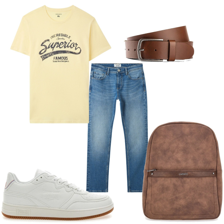 Outfit uomo - Jeans e maglietta per la giornata. Stile Urban per Tutti i giorni. Abbinamento con cinture, jeans, t-shirt, sneakers, borse sportive.