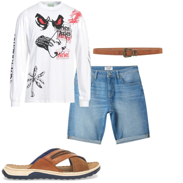 Outfit uomo - Passeggiata al mare di sera. Stile Urban per Tutti i giorni. Abbinamento con cinture, t-shirt, bermuda, sandali.