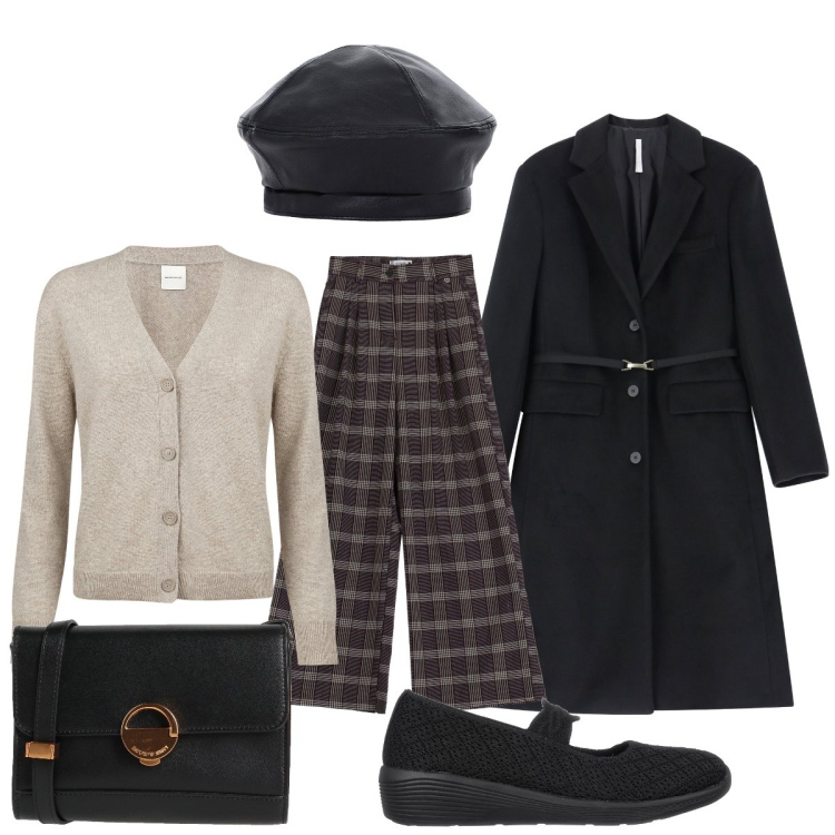 Outfit donna - Il cappotto nero retro. Stile Chic per Tutti i giorni. Abbinamento con borse a tracolla, pantaloni, cappotti, cappelli e berretti, cardigans, ballerine.
