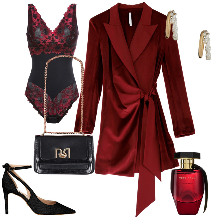 Outfit donna - Valentine\'s day. Stile Sexy per Serata fuori. Abbinamento con body, décolleté, borse a tracolla, profumi, vestiti corti, orecchini.