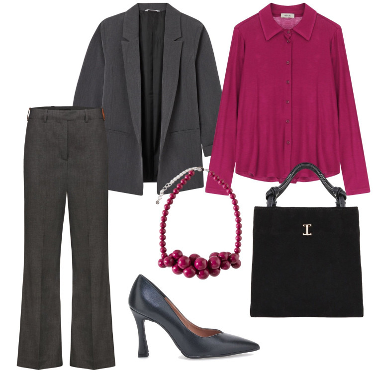 Outfit donna - Impeccabile. Stile Chic per Ufficio. Abbinamento con blazer, shopping bag, camicie, collane, pantaloni, décolleté.